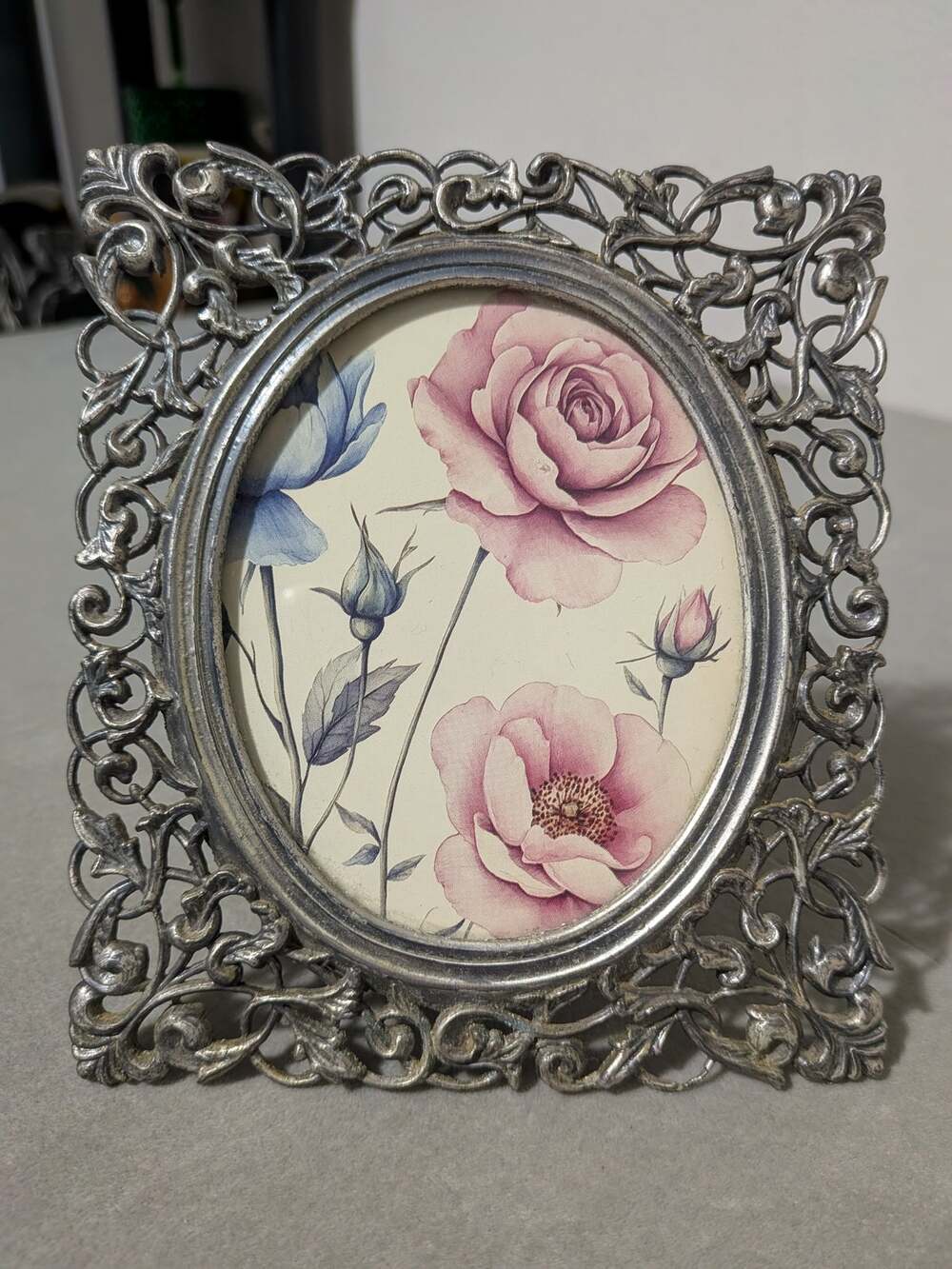 Vintage Burnes of Boston Ornate Metal Picture Frame Silver Filigree Oval Opening